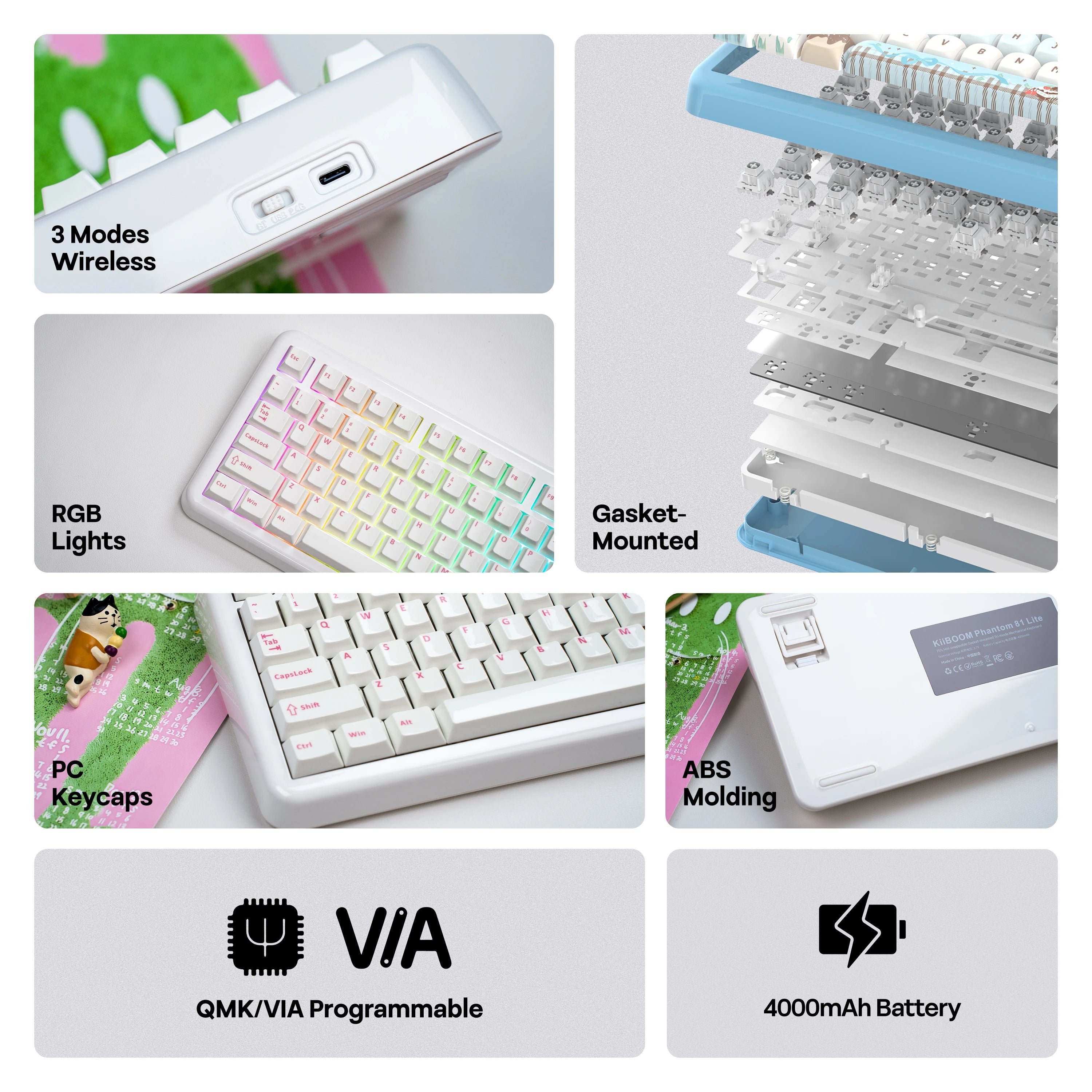 KiiBOOM Phantom81 Lite QMK/VIA 75% Hot-Swap Gasket Wired/BT/2.4GHz Wireless Mechanical Keyboard ABS Case+UV Tech RGB Backlights